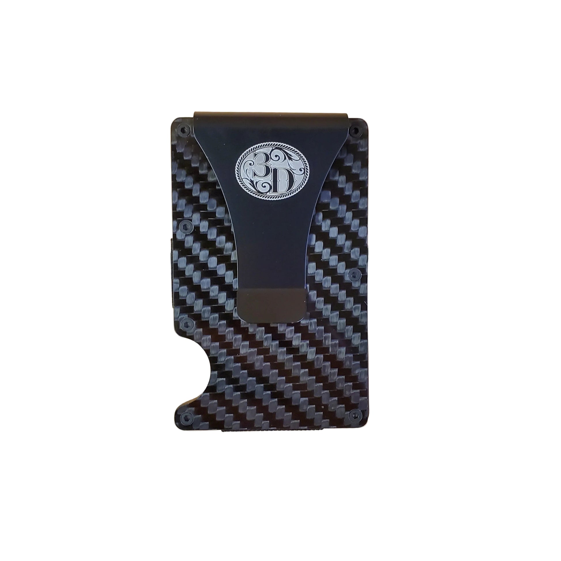A black utility wallet with a carbon fiber pattern and the 3D Belts logo on the front, placed on a wooden surface.