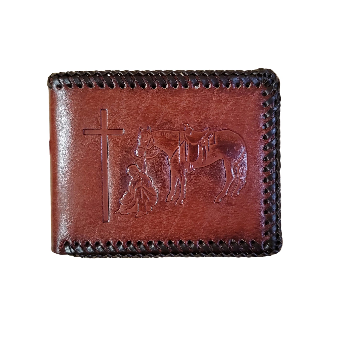leather wallet with laced edge and a image of a horse and man kneeling by a cross on a white background