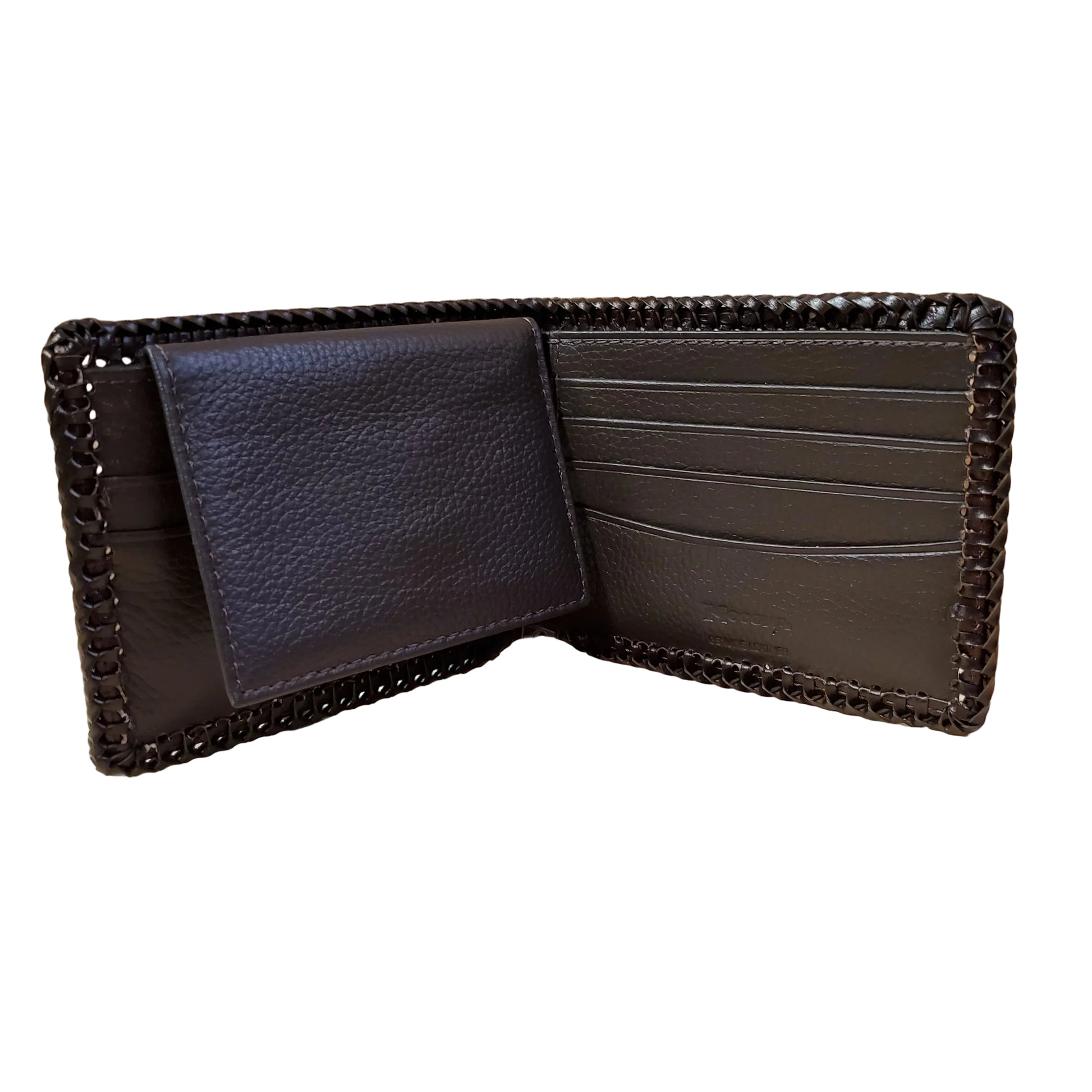 the interior of a leather wallet on a white background
