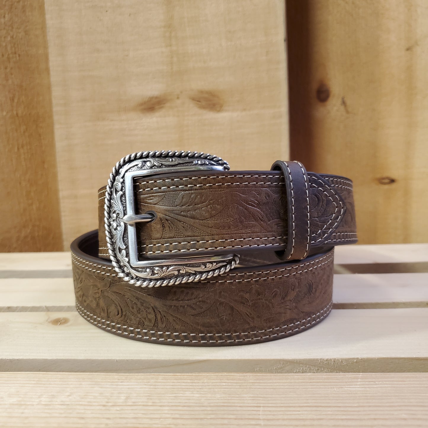 Bomber Brown Floral Tooled Men's Belt by Ariat® - Up to Size 60"