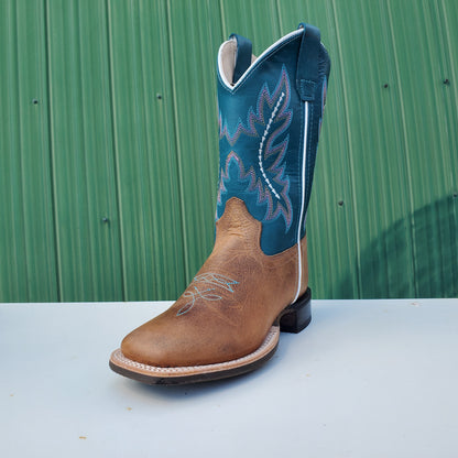 a kids boot with a teal upper and tan leather foot, featuring a rubberized outsole and horseman heel.