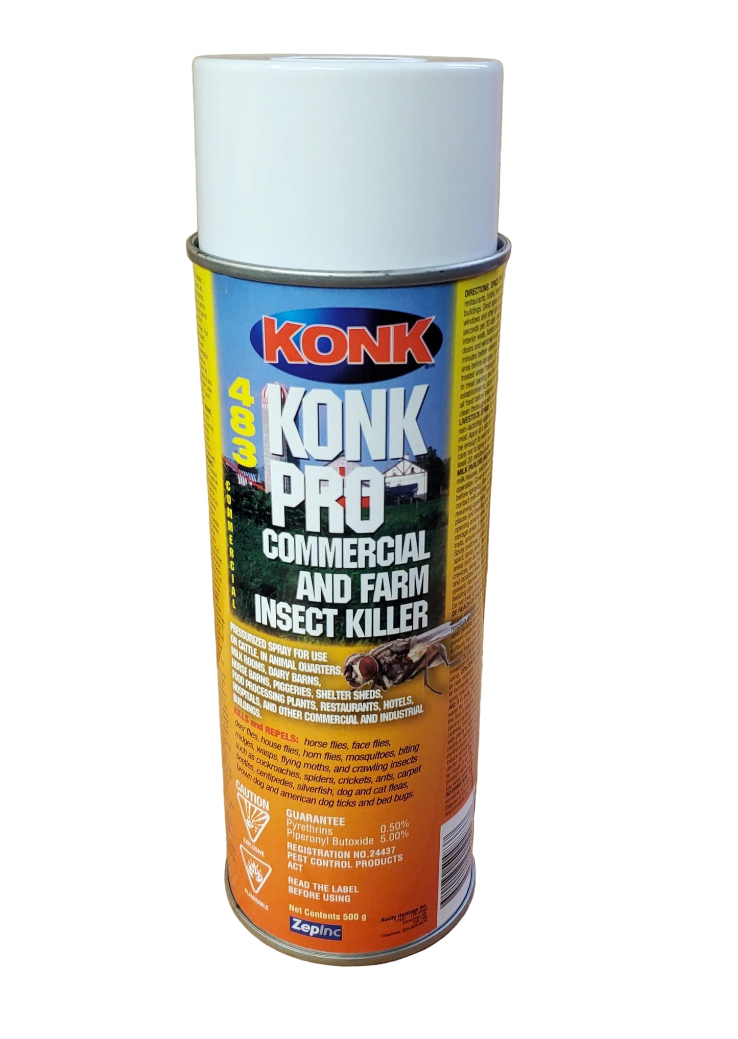a spray can of konk pro commercial and farm insect killer with yellow labeling on a white background