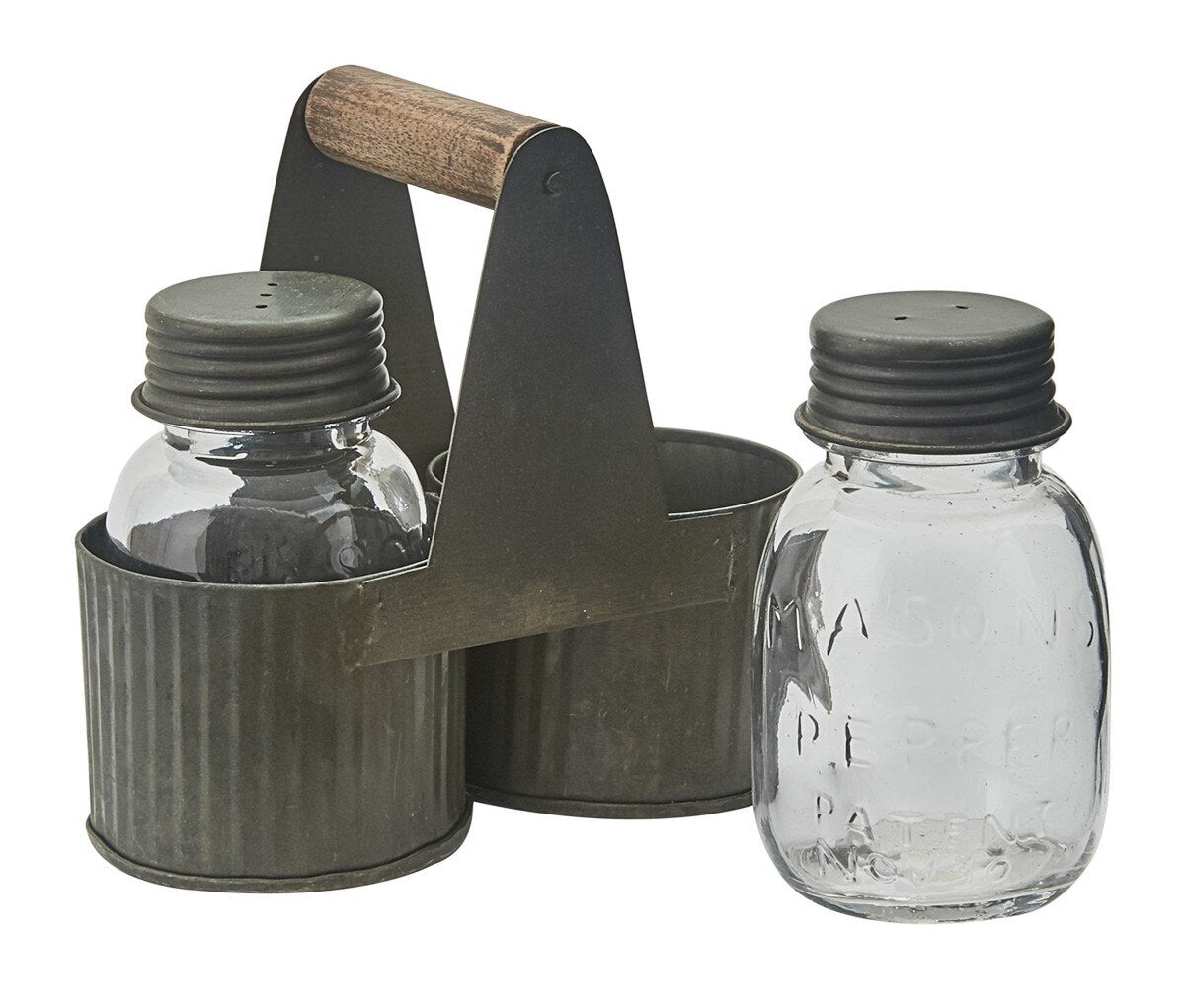 A rustic metal salt and pepper shaker set with a dark gray painted steel carrier, a wooden handle, and two clear glass bottles with dark gray screw-on lids by Park Designs, shown on a white background.