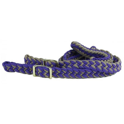 A pair of braided nylon gaming reins with nickel-plated buckles and easy grip knots.