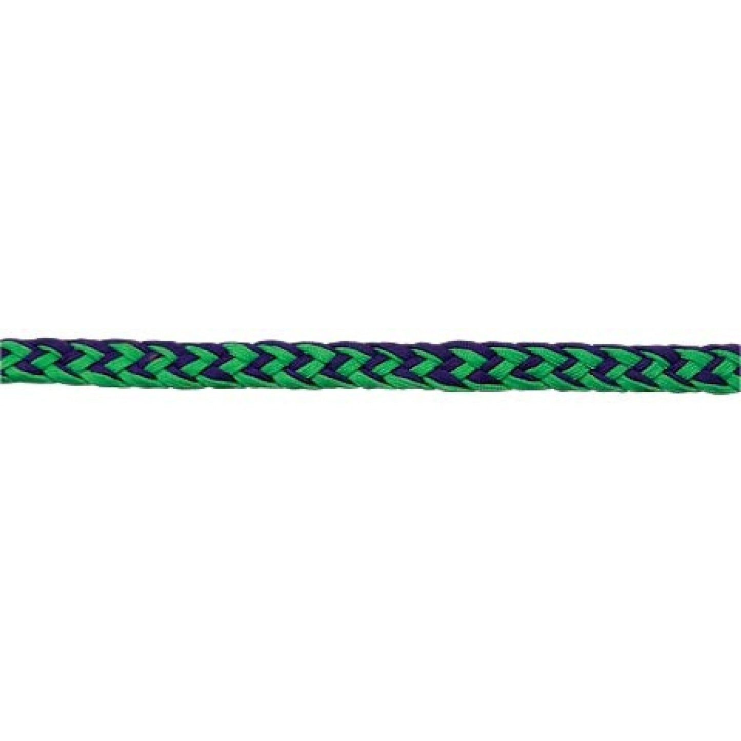 Braided green and purple rope on a white background