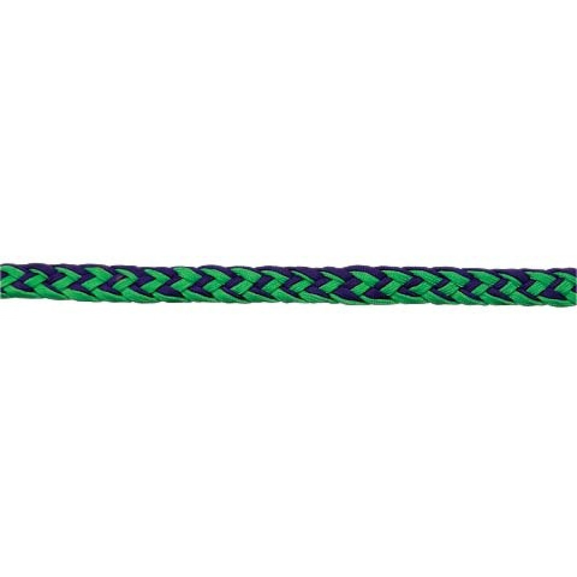 Braided green and purple rope on a white background