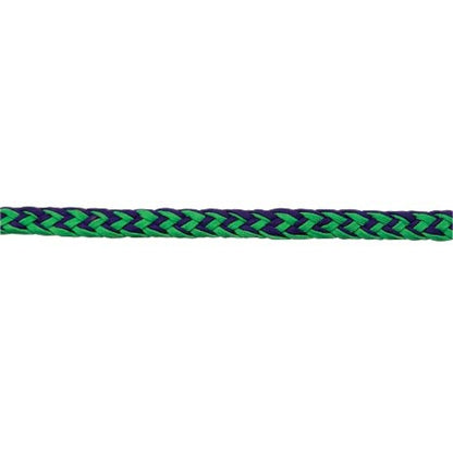 Braided green and purple rope on a white background
