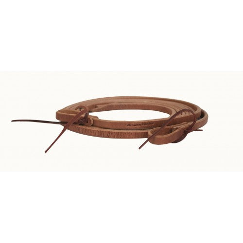 oiled harness leather split reins on a white background