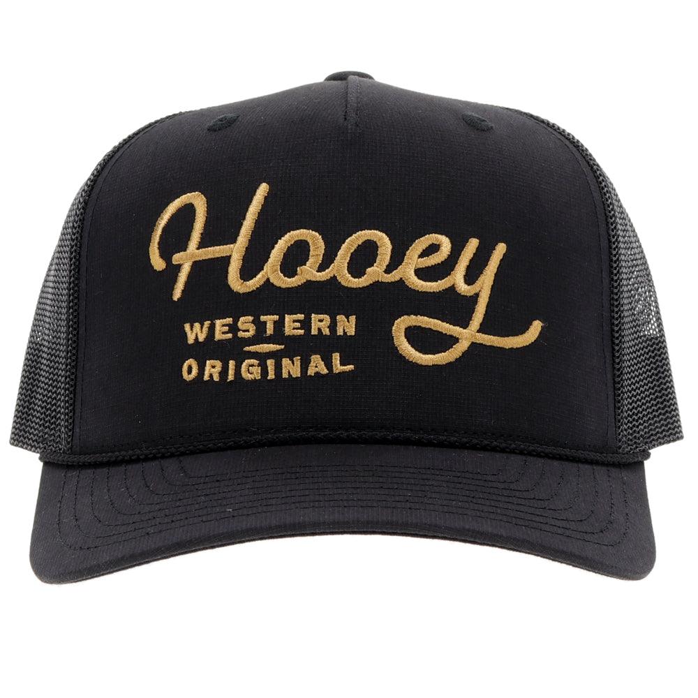 Black trucker cap with gold 'Hooey Western Original' embroidery on a white background
