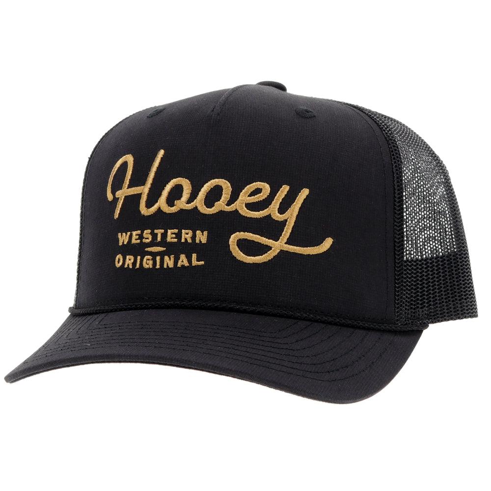 Black trucker cap with gold 'Hooey Western Original' embroidery on a white background