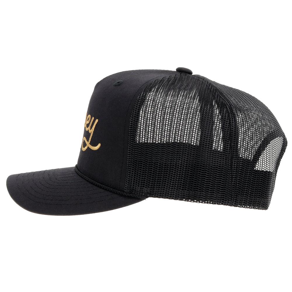 Black mesh cap with  Hooey branding on a gray background