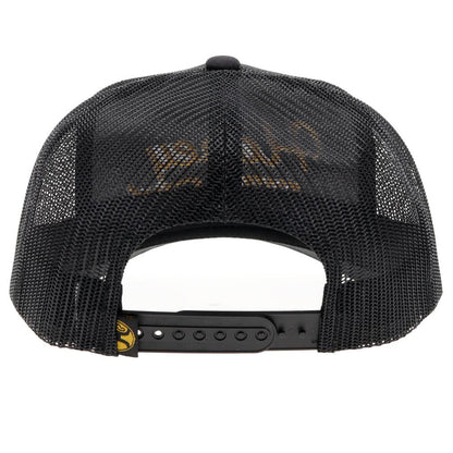 Black mesh cap with  Hooey branding on a gray background