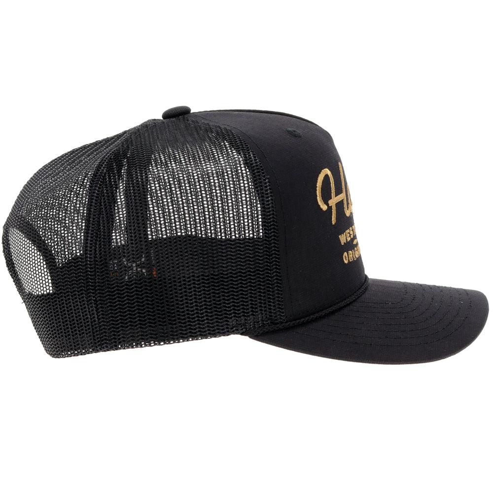 Black mesh cap with  Hooey branding on a gray background