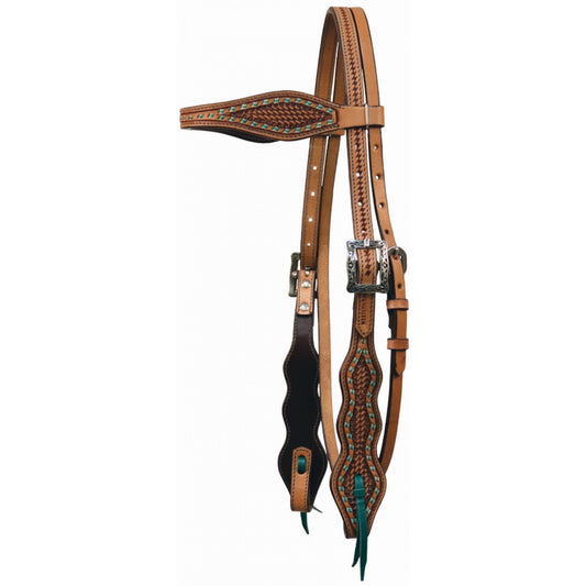 Brown leather horse bridle with decorative elements on a white background