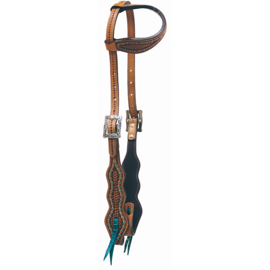 Brown leather horse bridle with decorative elements on a white background