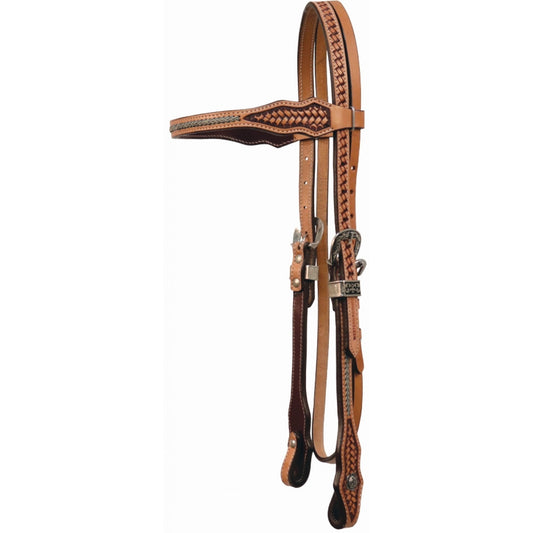 Brown leather horse bridle with intricate braiding on a white background