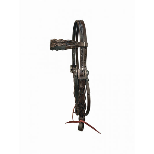 a dark brown leather headstall with floral tooling on a white background