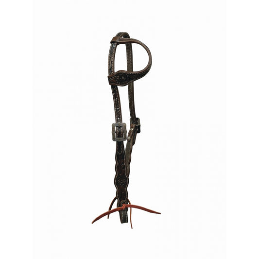 a dark brown leather single ear headstall for horses on a white background