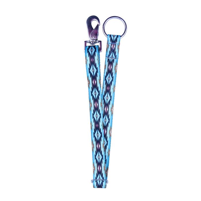 Blue aztec printed nylon webb strap with a clip and hardware loop on a white background
