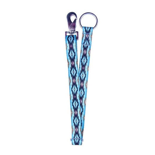 Blue aztec printed nylon webb strap with a clip and hardware loop on a white background