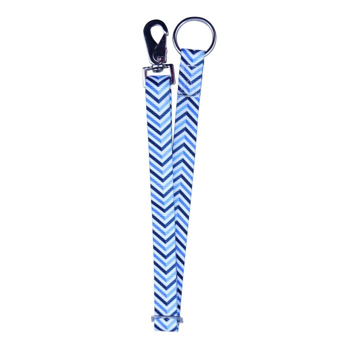 Blue chevron printed nylon webb strap with a clip and hardware loop on a white background