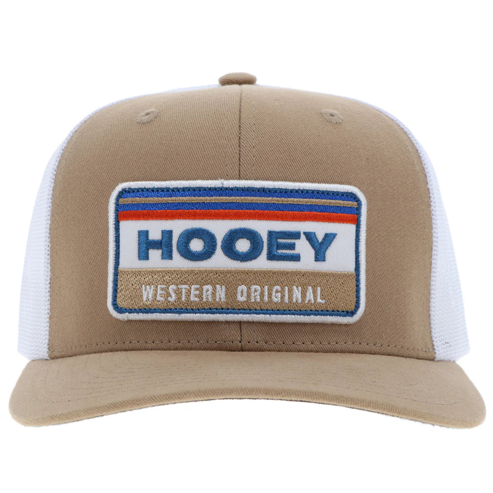 tan and white baseball cap by hooey on a white background