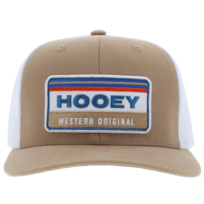 tan and white baseball cap by hooey on a white background