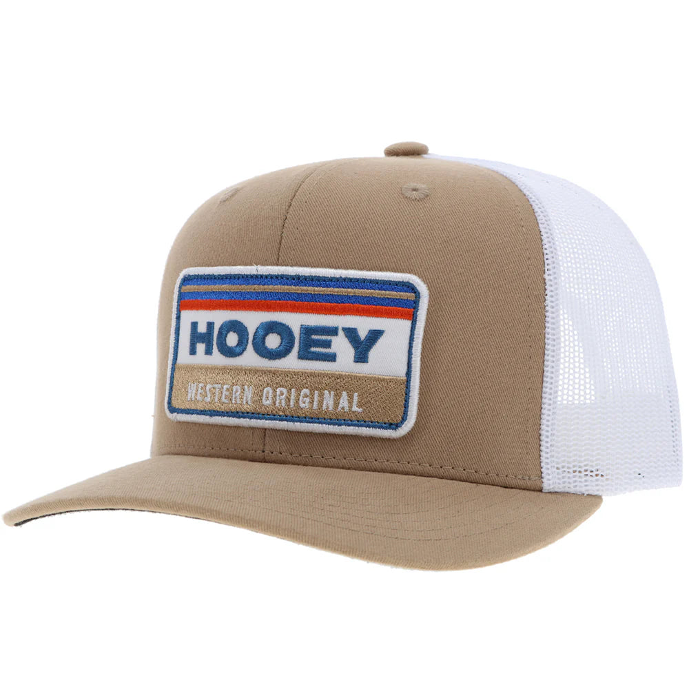 tan and white baseball cap by hooey on a white background