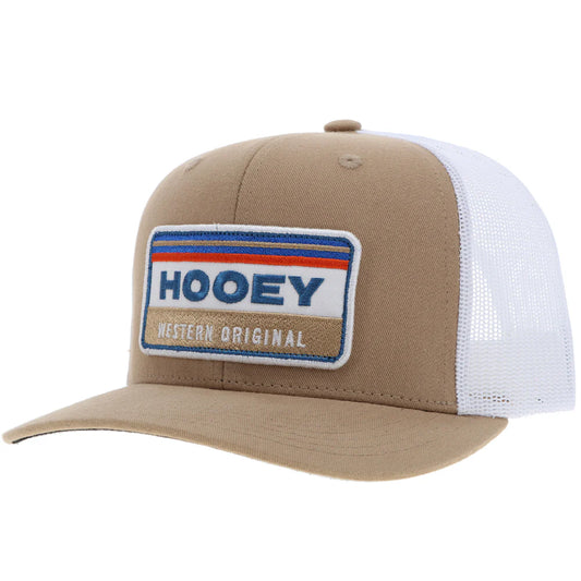 tan and white baseball cap by hooey on a white background