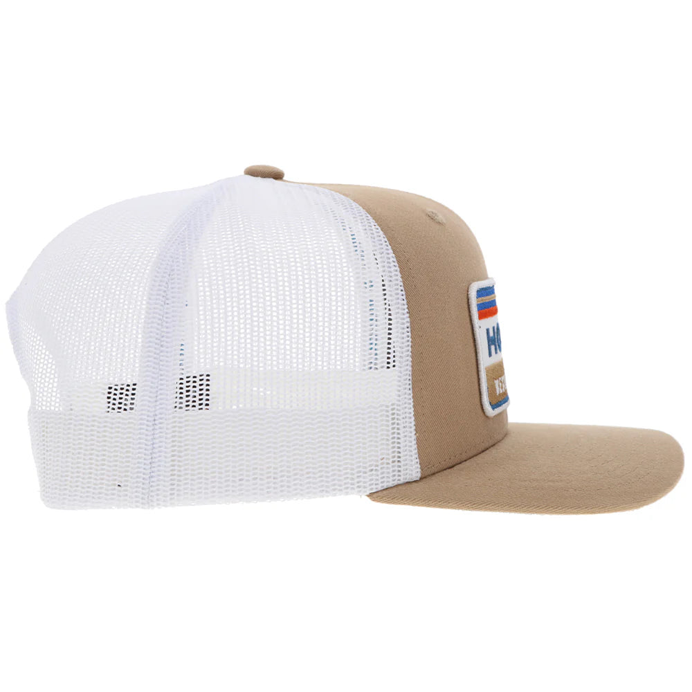tan and white baseball cap by hooey on a white background