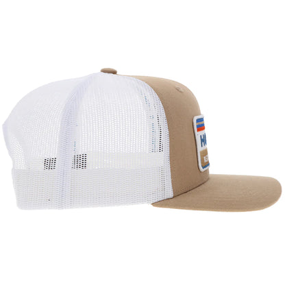 tan and white baseball cap by hooey on a white background
