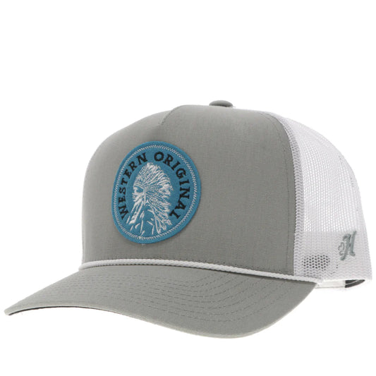 Gray and white Hooey cap with a blue patch featuring a Native American headdress and 'Western Original' text on a white background.