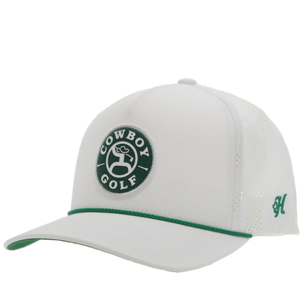 White Hooey cap with green accents and a 'Cowboy Golf' logo on a white background