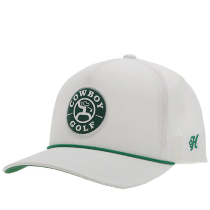 White Hooey cap with green accents and a 'Cowboy Golf' logo on a white background