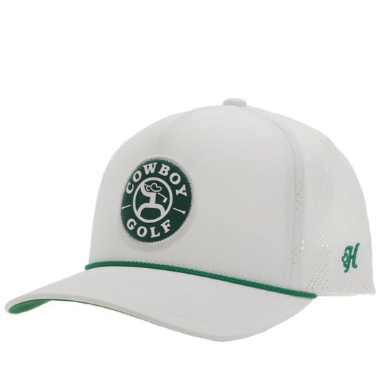 White Hooey cap with green accents and a 'Cowboy Golf' logo on a white background