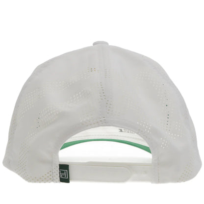 White Hooey baseball cap with a green rim on a white background
