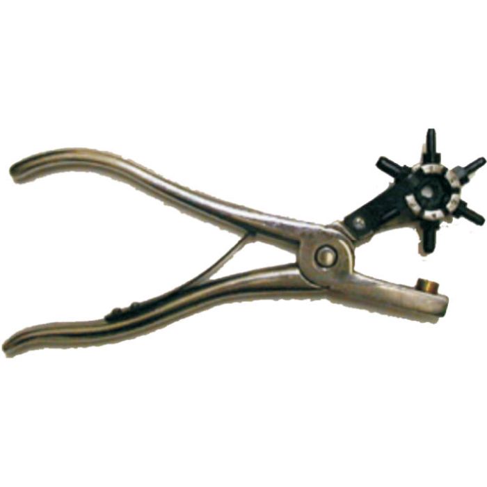 A metal leather punch tool with a rotating wheel and an ergonomic handle.