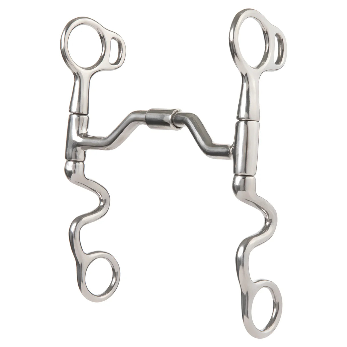 Metal horse bridle bit with a swivel mouth and cavalry shanks on a white background 