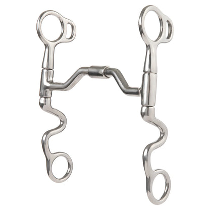 Metal horse bridle bit with a swivel mouth and cavalry shanks on a white background 