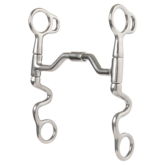 Metal horse bridle bit with a swivel mouth and cavalry shanks on a white background 