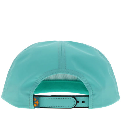 the back of a turquoise snapback cap
