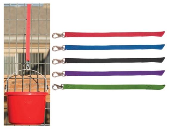 red bucket with a red nylon strap on an outdoor background next to colorful nylon straps with clips on a white background
