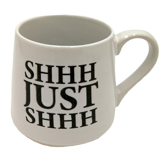 white coffee mug from Koppers with 'shhh just shhh' on it, on a white background