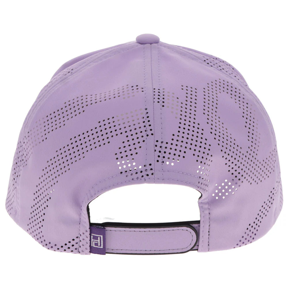 the back of a purple athletic material hooey cap