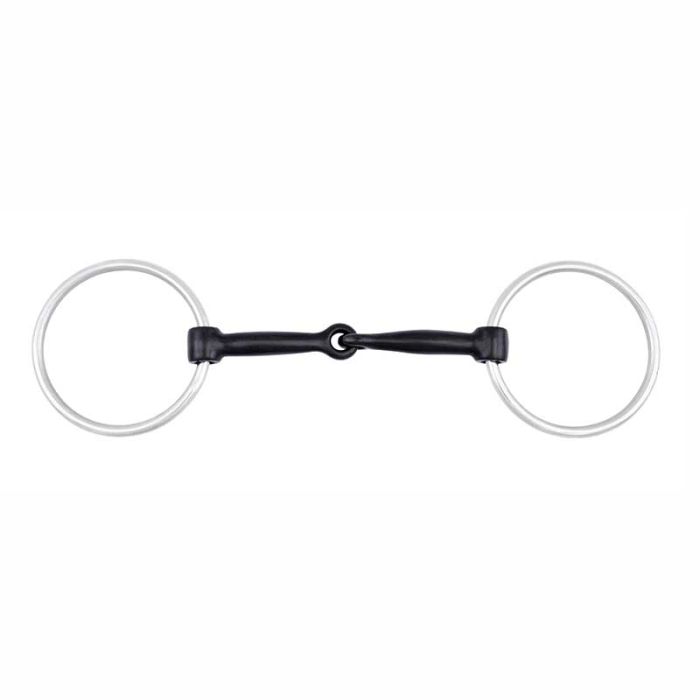 Black Ger-Ryan horse bit with two circular rings on a white background