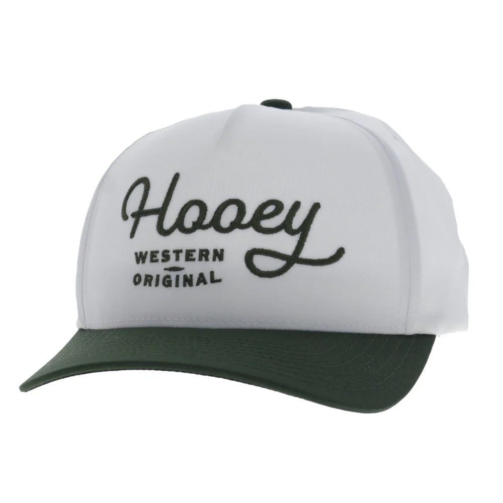 a white and green cap by hooey on a white background