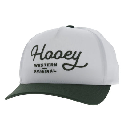 a white and green cap by hooey on a white background