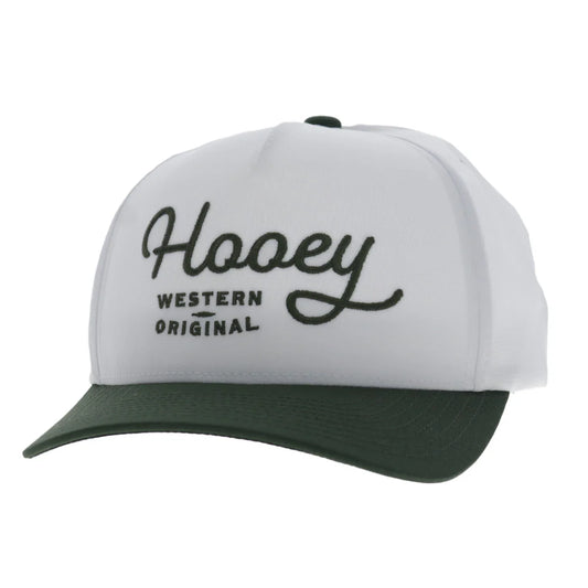 a white and green cap by hooey on a white background