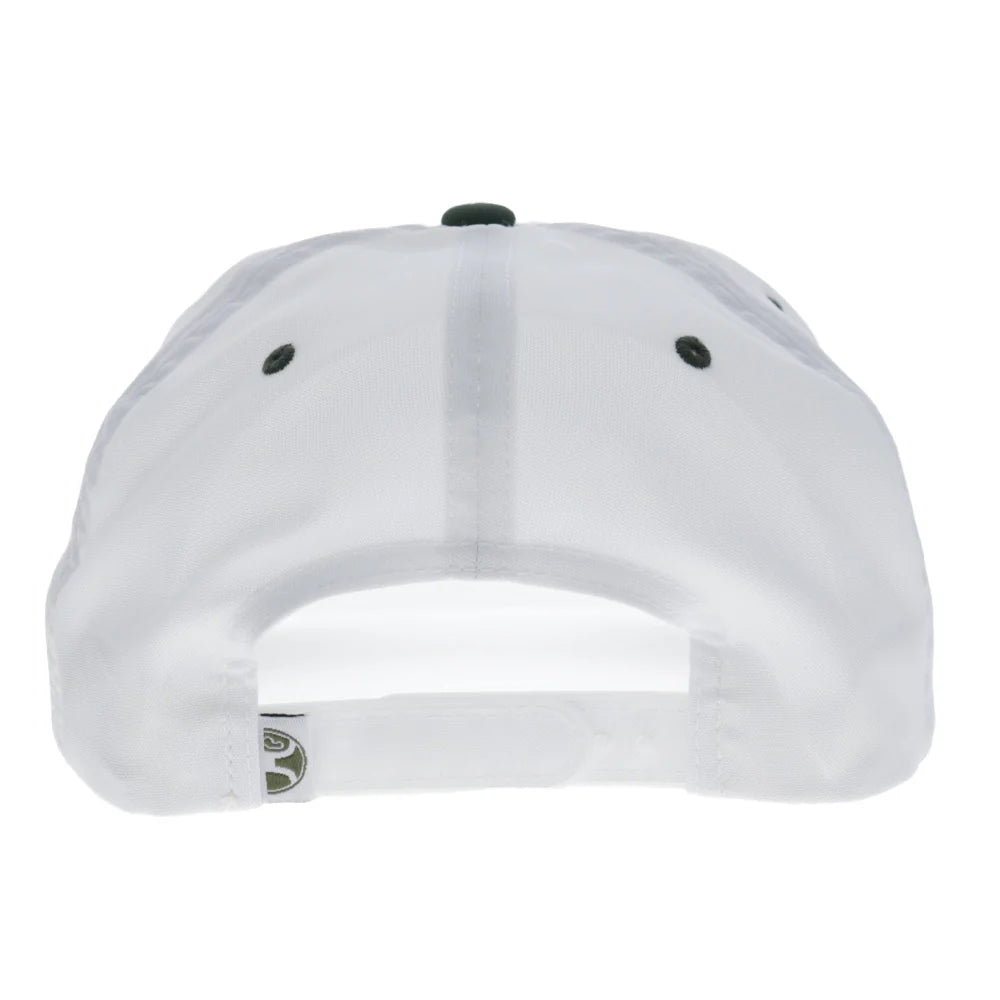 the backside of a white cap