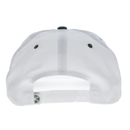 the backside of a white cap